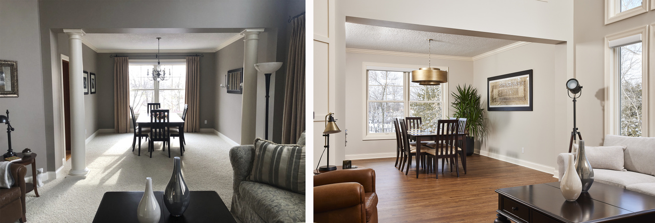 before and after comparison of painting on an interior remodel