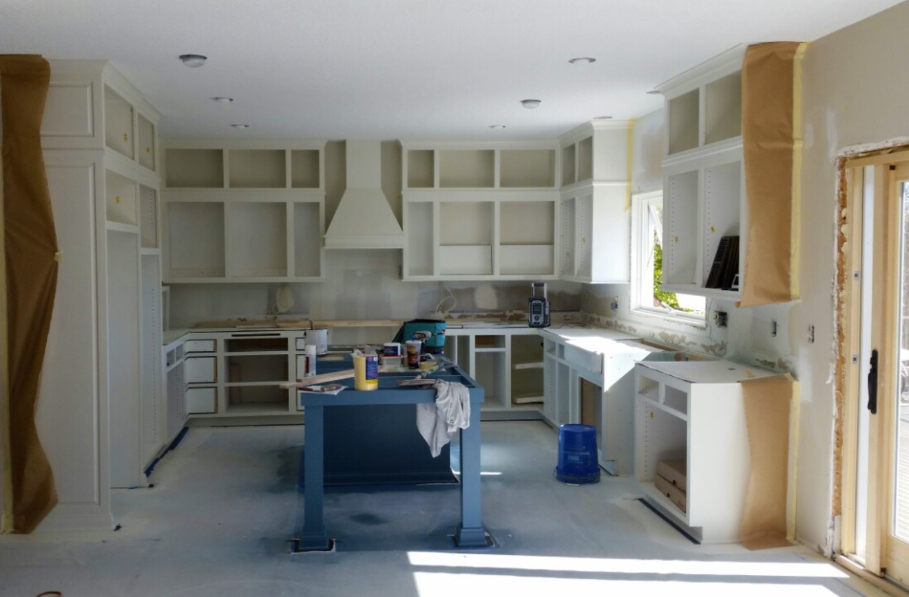 Kitchen cabinets ready to be sprayed on site.